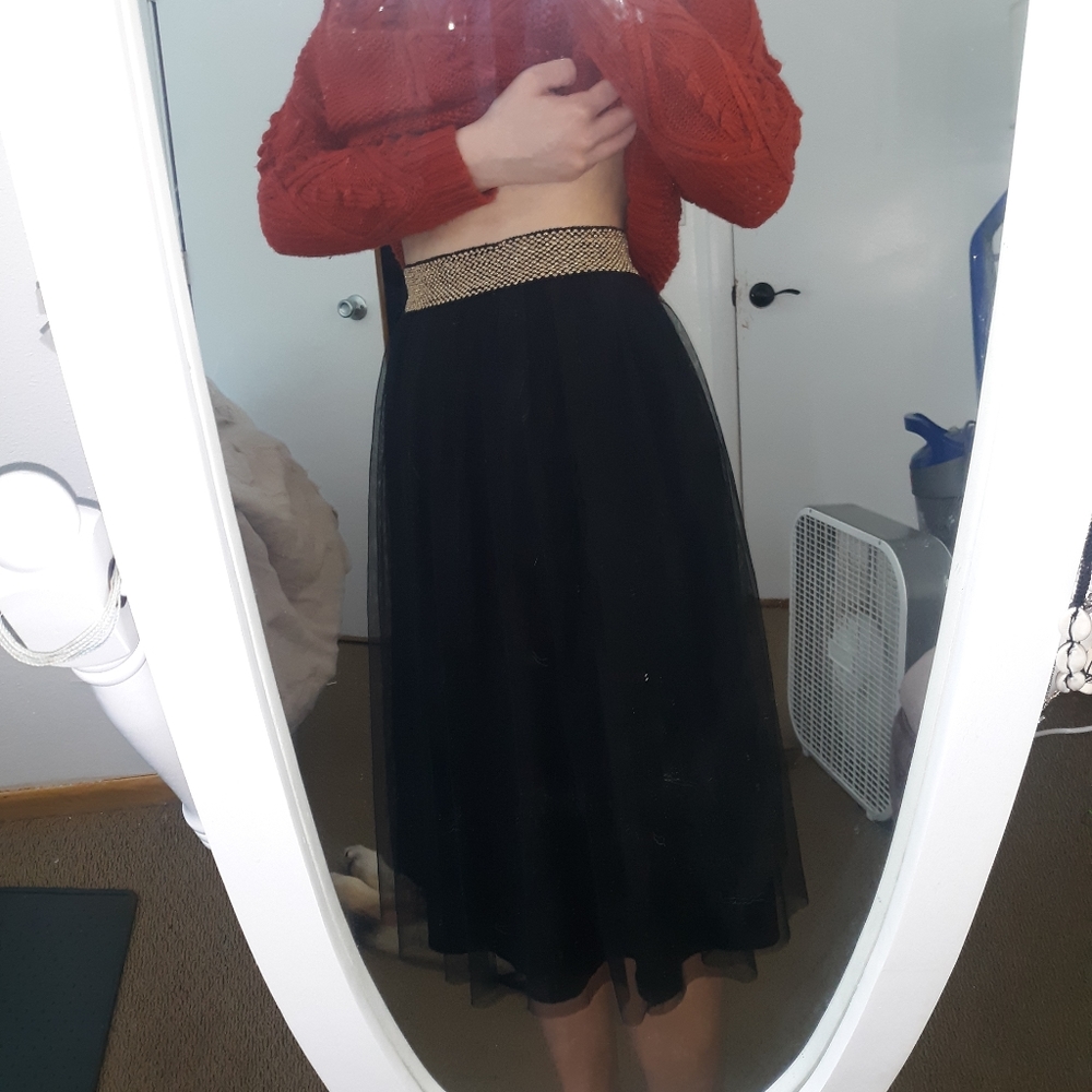 Black and gold tulle midi skirt